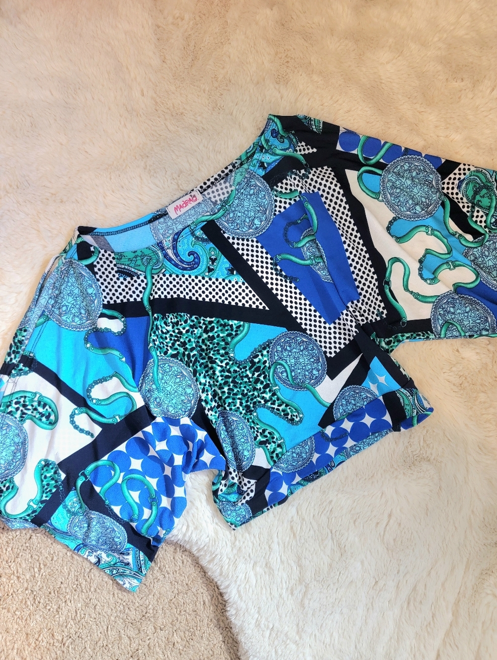 VTG Y2K Colorful Blue & Teal Patterned Crop Top